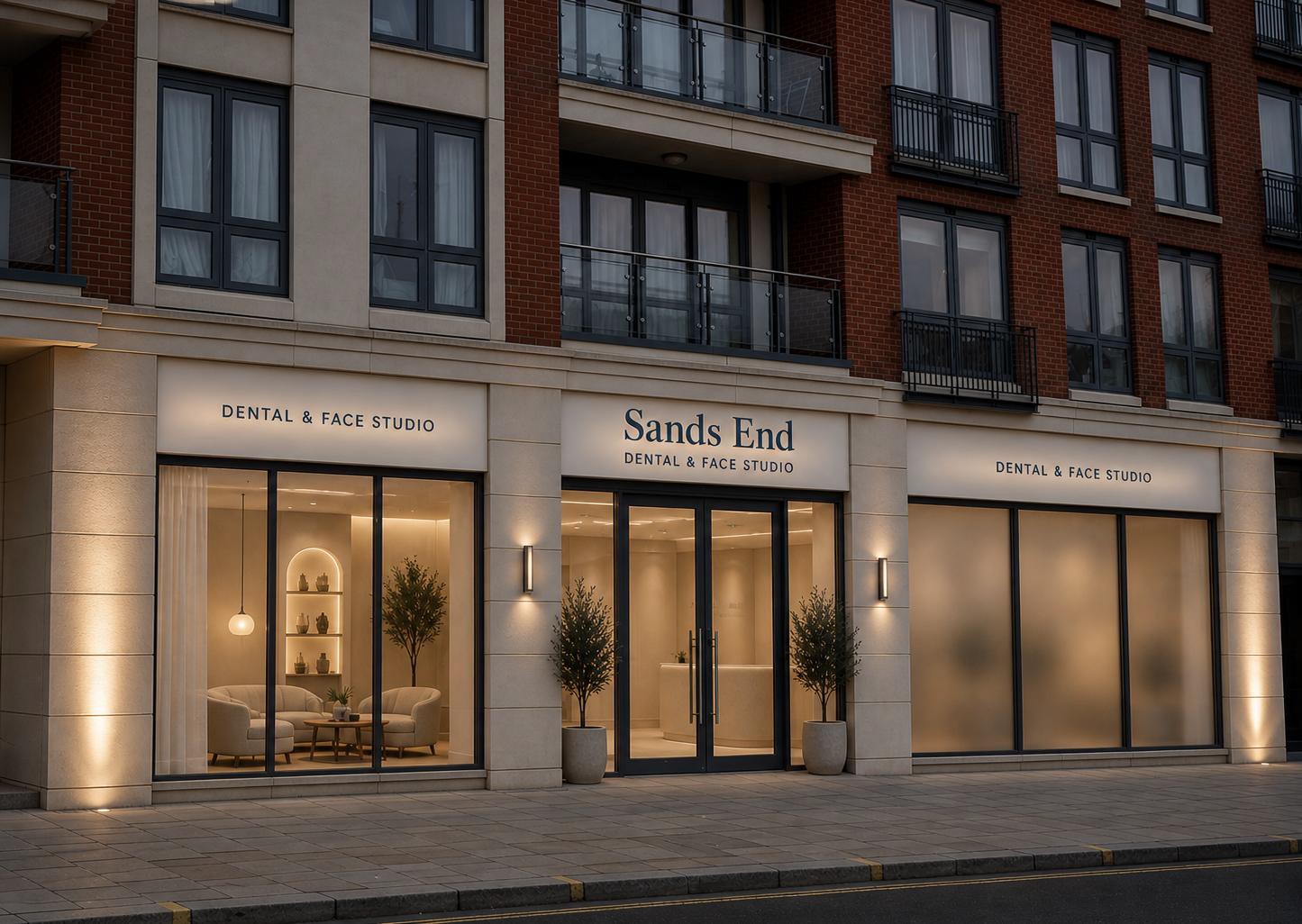 Sands End Dental & Face Studio storefront on Park Street, Fulham, at dusk